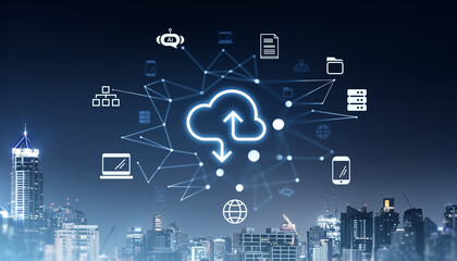 Cloud computing symbol over Bangkok city skyline with digital network icons.