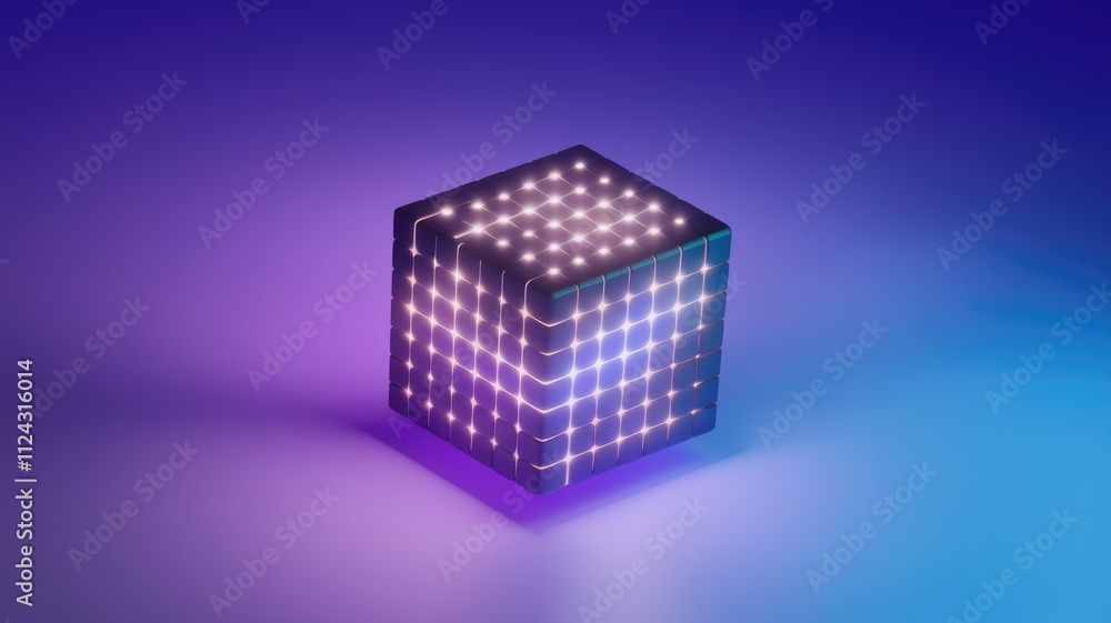 Poster a luminous cube, composed of smaller illuminated blocks, glows with vibrant purple and blue hues aga