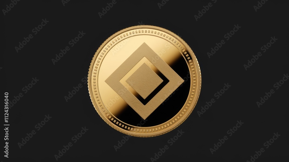 Poster a gold coin with a square emblem in the center, symbolizing value and cryptocurrency.