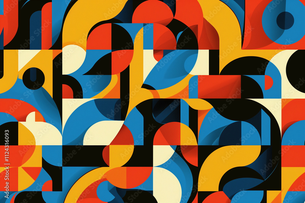 Poster geometric pattern featuring bold, interlocking shapes in contrasting colors.