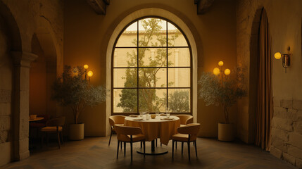 Elegant dining table in cozy arched-windowed restaurant interior