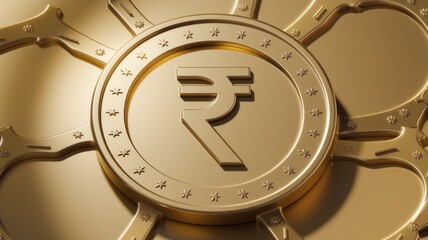 Golden Indian Rupee symbol in intricate circular design, representing wealth and financial security.