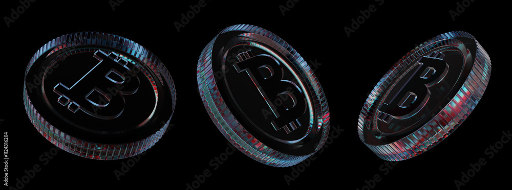Aufkleber three metallic bitcoin coins with glowing highlights, displayed on a dark background. 3d rendering