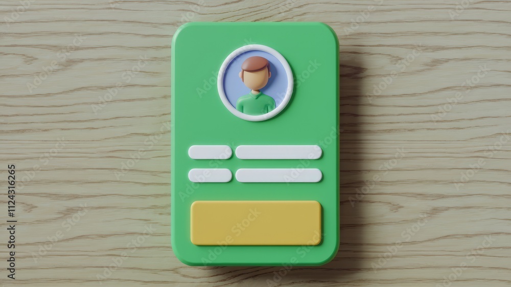 Poster 3d rendered minimalist profile card design with cartoon character, blank fields for information.