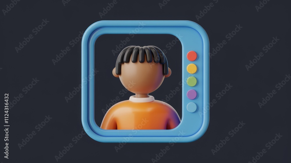 Poster 3D render of a cartoon person's face in a blue frame with colorful buttons.