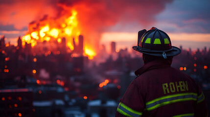 Obraz premium firefighter in full gear watches a massive blaze engulfing an urban skyline at twilight, with thick smoke and fiery hues lighting the sky, showcasing courage and duty.