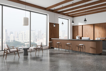 Modern cafe interior with wooden furniture and panoramic city view windows. 3D Rendering