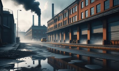 Urban industrial landscape with smoky chimneys and reflections on a misty day