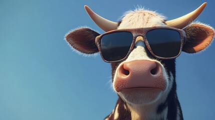 Playful Cow Illustration With Trendy Sunglasses in a Blue Backdrop