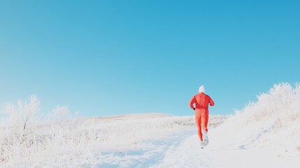 Man Jogging on Snowy Trail under Clear Winter Sky in Vibrant Activewear