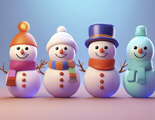 3d cartoon series of snowmen with a hat and scarf