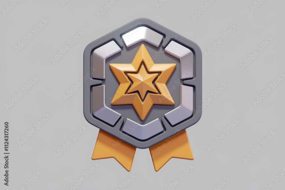 Poster a 3d rendered hexagonal award badge with a gold star and ribbon, symbolizing achievement and recogni