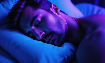 Serene sleep: man resting peacefully in dreamy blue glow