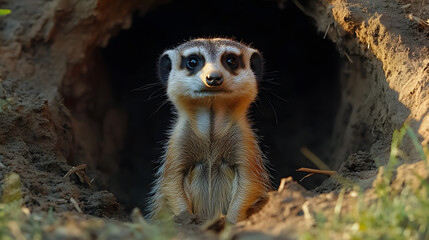 Fototapeta premium meerkat stands at the entrance of its burrow, surrounded by earthy terrain and soft grass, showcasing its alert and curious behavior in a natural environment.
