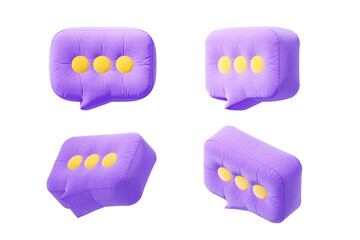 Soft purple 3D speech bubbles with yellow dots, isolated on white background. 3D Rendering
