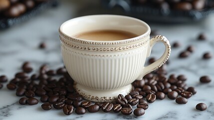A cup of coffee surrounded by coffee beans on a marble surface.