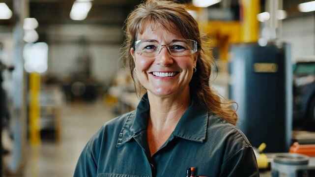 smiling American worker woman at industrial factory 