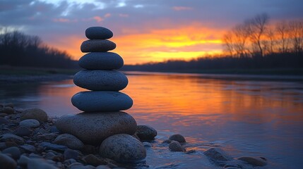 A peaceful riverbank at dusk, with a towering stack of stones silhouetted against the colorful twilight sky, reflecting the stillness and beauty of the moment 