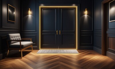 Elegant interior with illuminated double doors and modern lighting in dark tones
