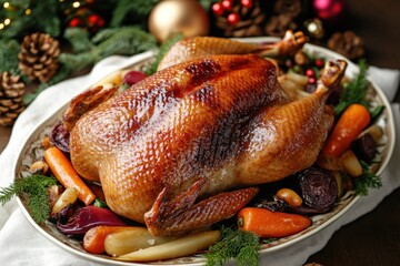 Festive whole roasted duck with crispy skin served with seasonal vegetables holiday gathering culinary delight cozy setting gourmet cooking concept featuring meat