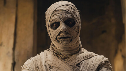 Wearing a spooky mummy costume with bandages.