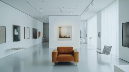 Contemporary Art Gallery Exhibit with Orange Sofa and Framed Art