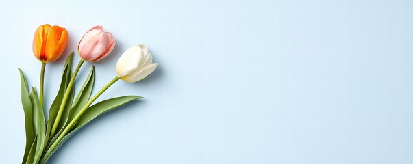 Fototapeta premium A vibrant arrangement of three tulips in shades of orange, pink, and white against a soft blue background, symbolizing beauty and freshness.
