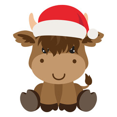 Cute sitting Christmas Highland baby cow vector cartoon illustration