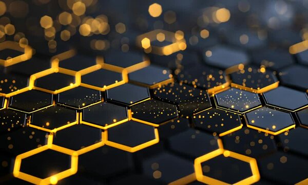 Abstract black hexagon pattern with glowing yellow edges.