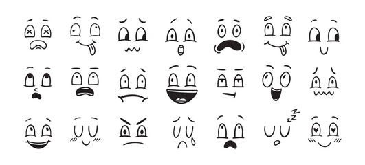 Set of doodle various emotions. Hand drawn drawing cute face collection.