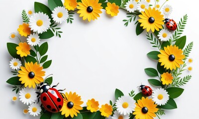 Colorful floral frame with ladybugs on white background