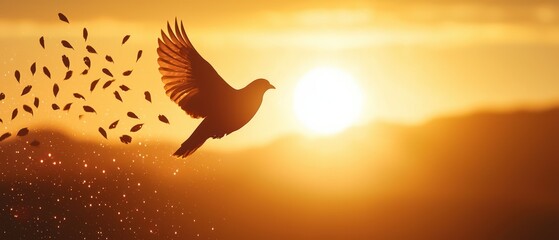 Obraz premium The silhouette of Bird in flight at sunset nature photography warm environment inspirational viewpoint