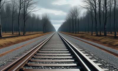 Fototapeta premium Symmetrical railway tracks stretching through a winter forest with bare trees