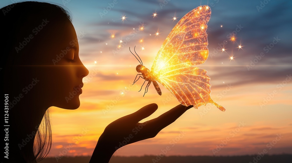 Poster enchanting butterfly interaction at sunset nature scene serene atmosphere dreamlike view blur backgr