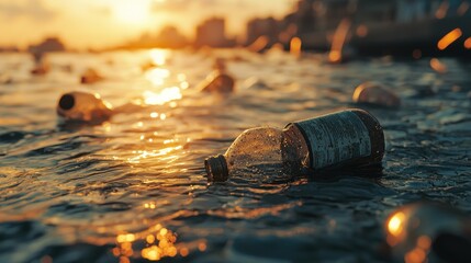 Pollution in Ocean with Plastic Bottles Floating in Water During Beautiful Sunset, Highlighting Environmental Issues and the Need for Clean Water Initiatives