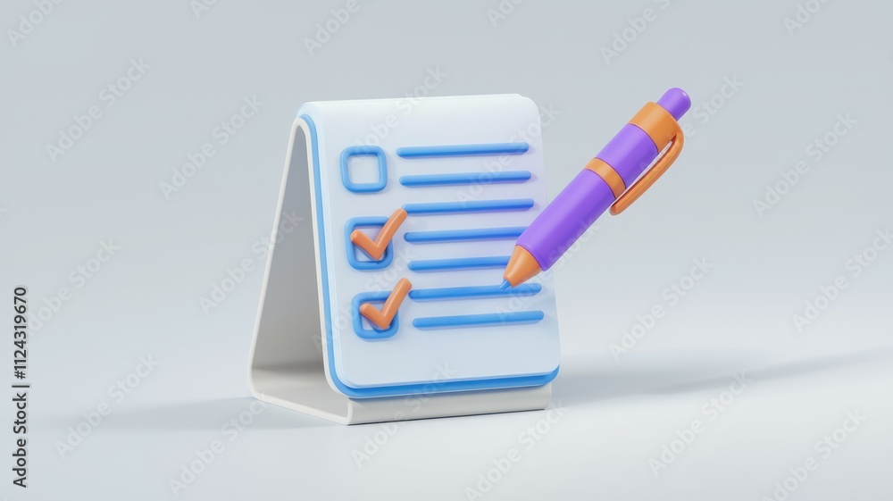 Aufkleber A 3D rendering of a checklist with checkmarks and a pen, signifying task completion or planning.