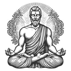 enlightened sage sitting in a lotus position, radiating calmness and wisdom with ornate background details sketch engraving generative ai raster illustration. Scratch board. Black and white image.