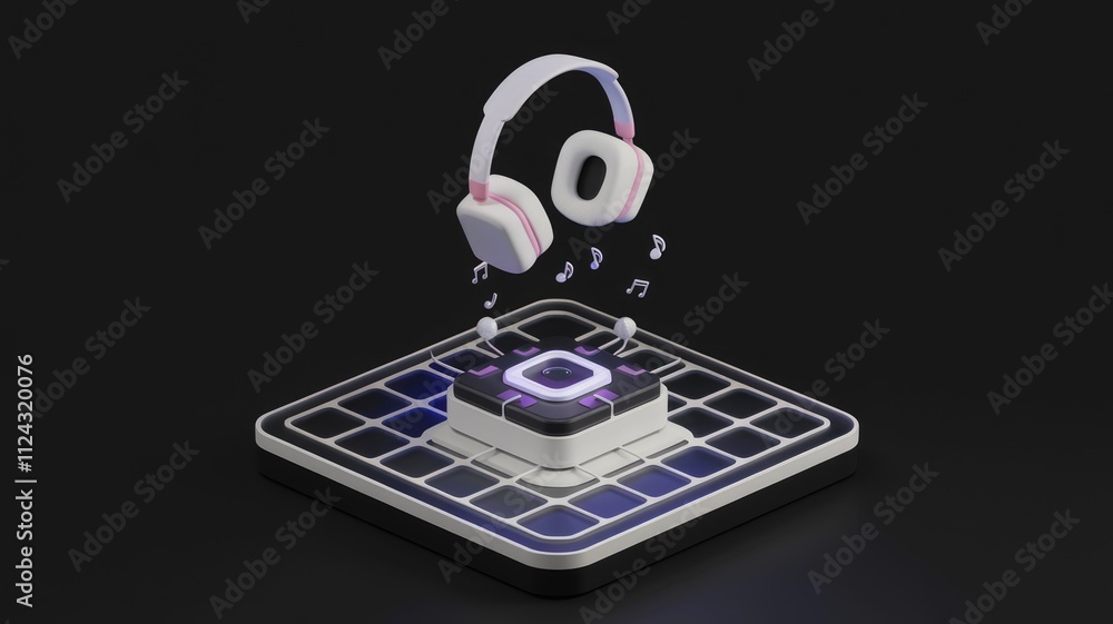 Poster 3d render of headphones hovering above a music player, notes floating around, symbolizing music stre