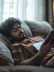 Obraz premium A Man Reading a Book on His Phone