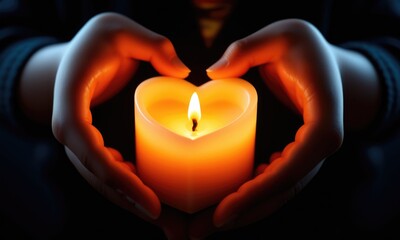 Heart shaped candle illuminating hands in a warm glow