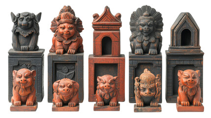 Asian Wooden Guardian Lion Statues Ancient Carvings Temple Decor Religious Symbols Chinese Culture