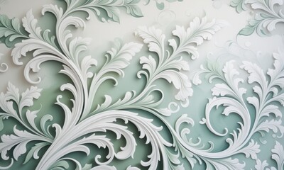Elegant white flourishes on green gradient background with ornamental leaves