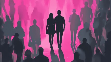 Pink silhouette of couple standing in monochrome crowd of different people,surreal unique and different concept,loneliness in society,shadow,freedom,Love,be yourself,Stand out from the crowd.
