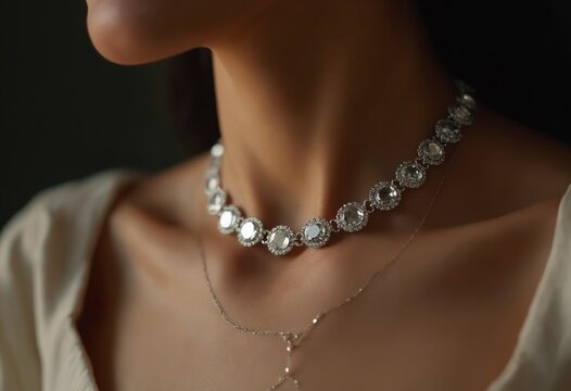 Closeup of woman neck wearing silver necklace with chain, luxury jewelry accessory for women