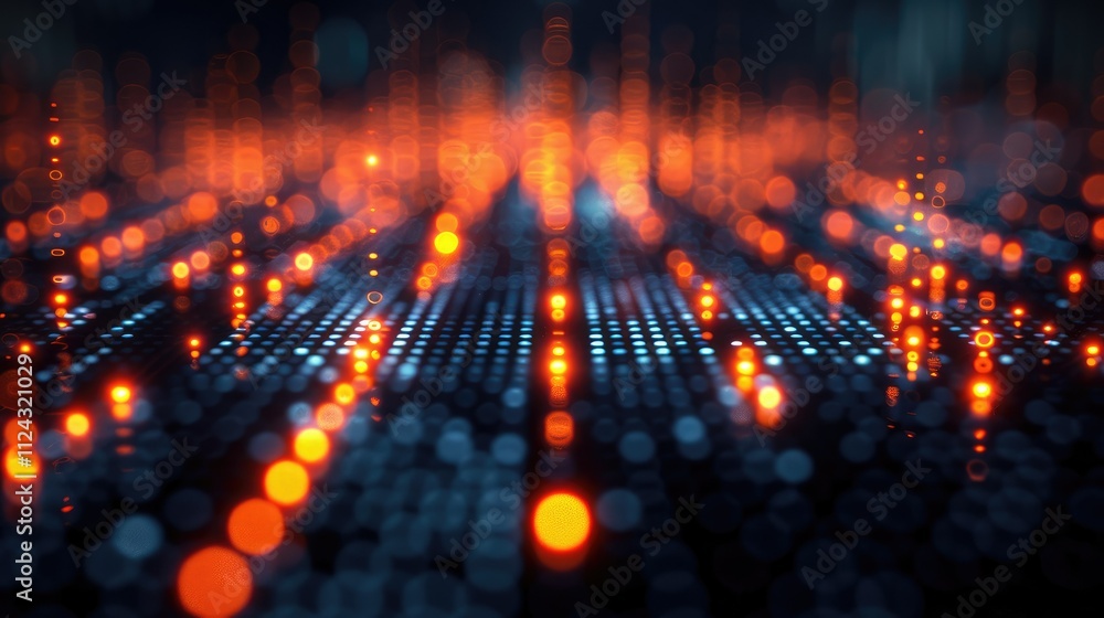 Poster abstract glowing grid pattern with orange and blue lights.