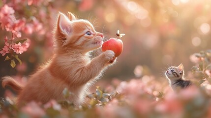 Fototapeta premium A puppy picking a apple off a tree with his teeth, With butter flys and a kitten. 
