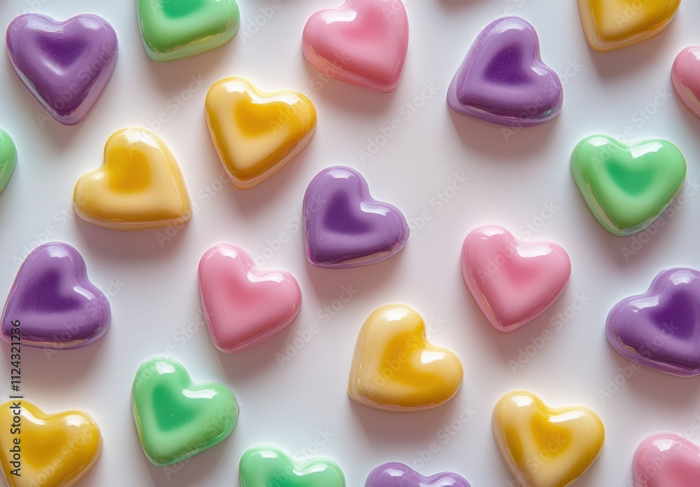Poster colorful heart-shaped soap dish detergent pods in a random pattern on a light background for creativ