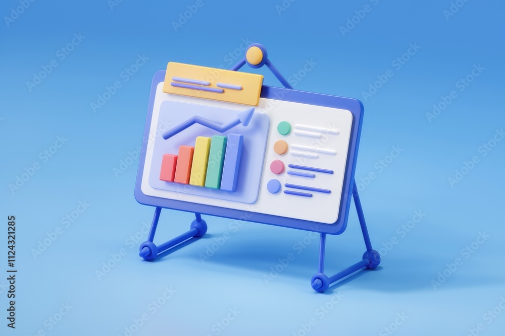 Aufkleber A 3D rendering of a small presentation board showing upward trending bar graph and key points.