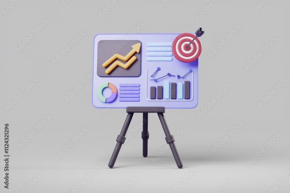 Poster data visualization on a stand showcasing upward trends, targets, and graphs for business success.