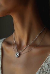 Closeup of woman neck wearing silver necklace with chain, luxury jewelry accessory for women